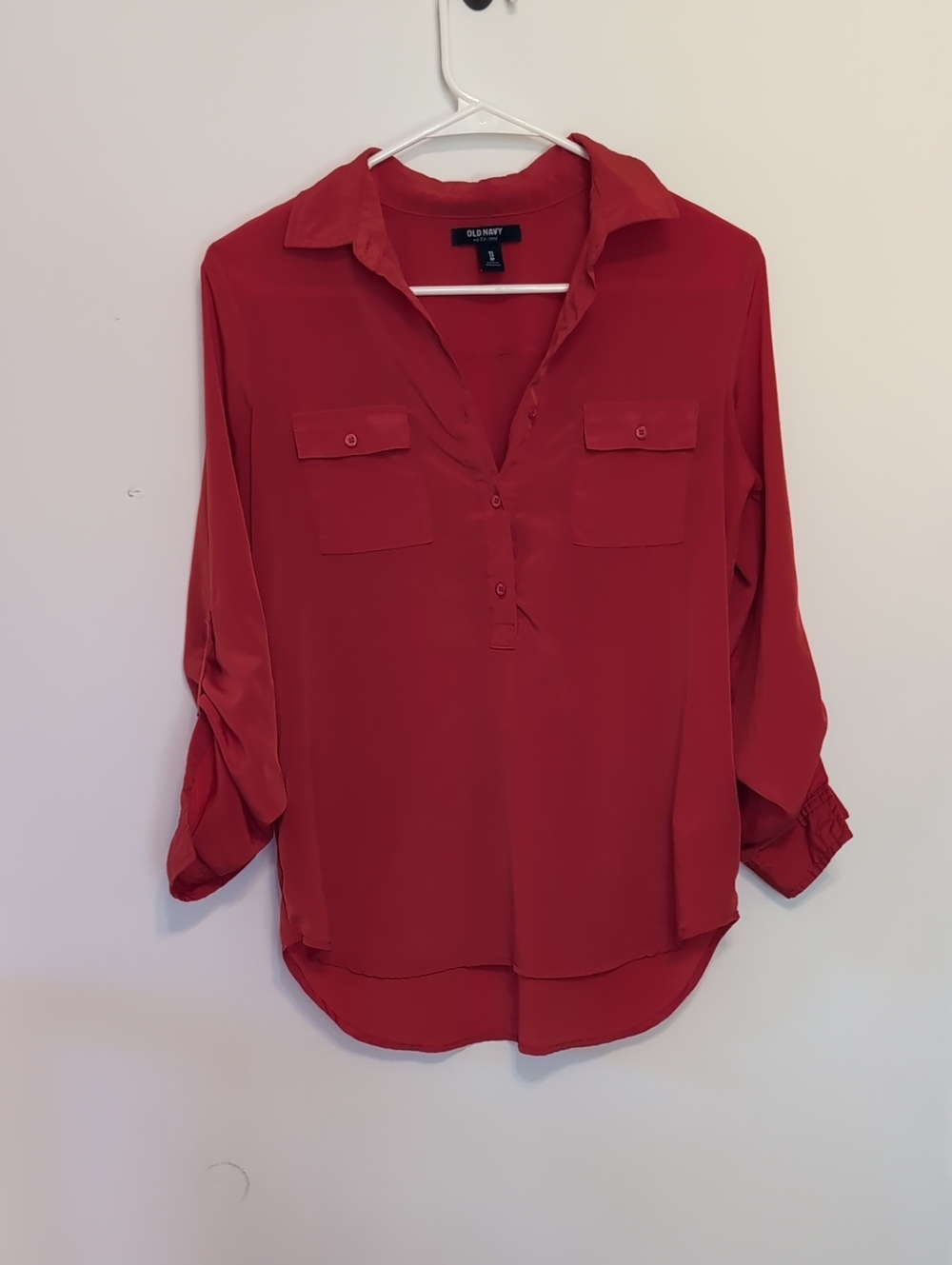 Old Navy Scarlet Red Satin Collared Half Button Blouse Size Xs